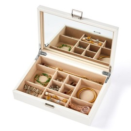 Vee Jewelry Box with Lid,2-Layer Jewelry Organizer with big Mirror, PU Leather Jewelry Storage Display Holder for Necklace Earrings Rings Bracelets,Lockable,Gift for Women Girls (1 Layer White)