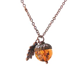 Enchanted Leaves - Orange and Copper Acorn Necklace - Orange Fall Acorn Pendant - Cute Nature Charm Necklace