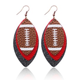 MALOYANVE Layered Football Earrings for Women Unique Lightweight Glitter Faux Leather Footballs Sports Rugby Teardrop Dangle Drop Statement Earrings Sport Lover Jewelry (Glitter Black)