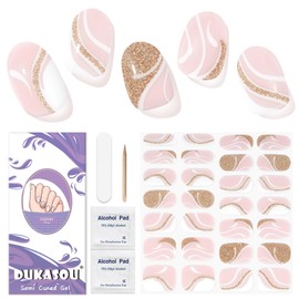 DUKASOU Semi Cured Gel Nail Strips | 28 pcs Gel Nails Strips Work with Any UV Lamps, Long Lasting UV Nail Stickers for Women DIY Nails Wraps(Gold Rivers)