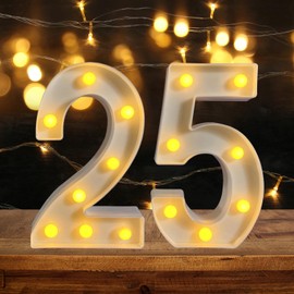 ZUOKEMY 25th Birthday LED Light Numbers - Night Lit Party Decoration (White, Number 25)