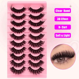 10 Paare Clear Band Künstliche Wimpern Katzenauge, 15mm Flauschiges Cat-Eye Russische Volume Strip Lashes D Curly Wispy Falsche Wimpern Natural Look Wimpern Extensions(H22)