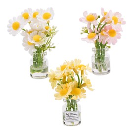 KOOBOOK 3Pcs Cute Mini Daisy Flowers Glass Vase Funny Hydroponic Miniature Plant Car Dashboard Decorations Rear View Mirror Ornaments Fairy Garden Charming Interior Car Accessories for Women (Yellow)