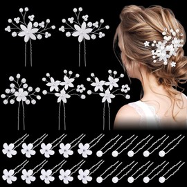 Durdiiy 25 Pcs Pearl Flower Crystal Rhinestone Bridal Hairpins Bridesmaid Clips, Hair Pins, Accessories Wedding Side Combs Pieces Pins for Women Girls Jewelry Headpiece Ball