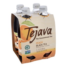 Tejava Peach Black Iced Tea, 4 Pack, 12oz Glass Bottles, Unsweetened, Non-GMO, Kosher, No Sugar or Sweeteners, No calories, No Preservatives, Brewed in Small Batches