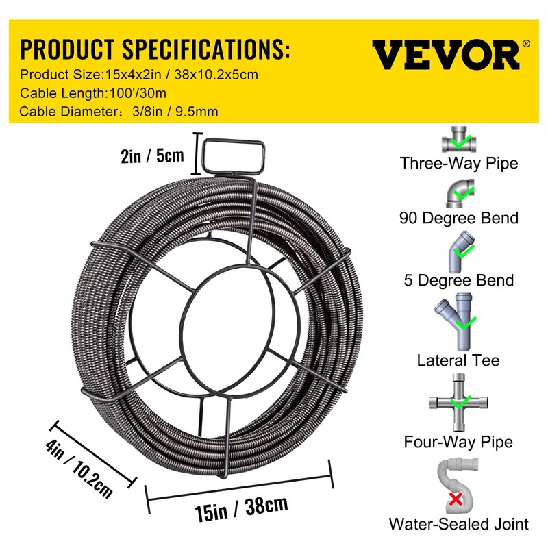 VEVOR Drain Cleaning Cable 100 FT x 3/8 Inch, Solid