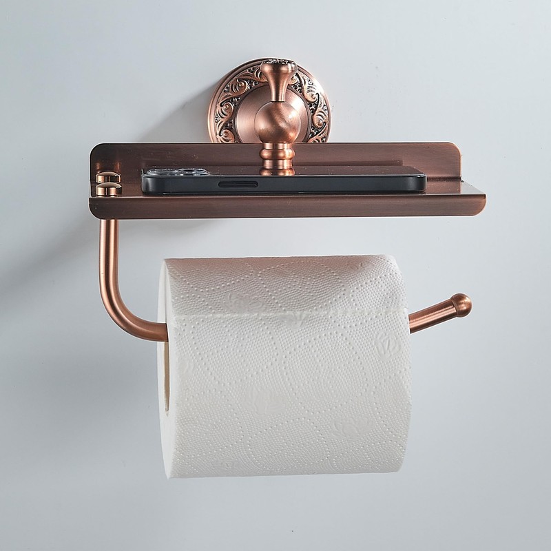 Red Copper Bath Toilet Paper Holder with Phone Shelf, Wall
