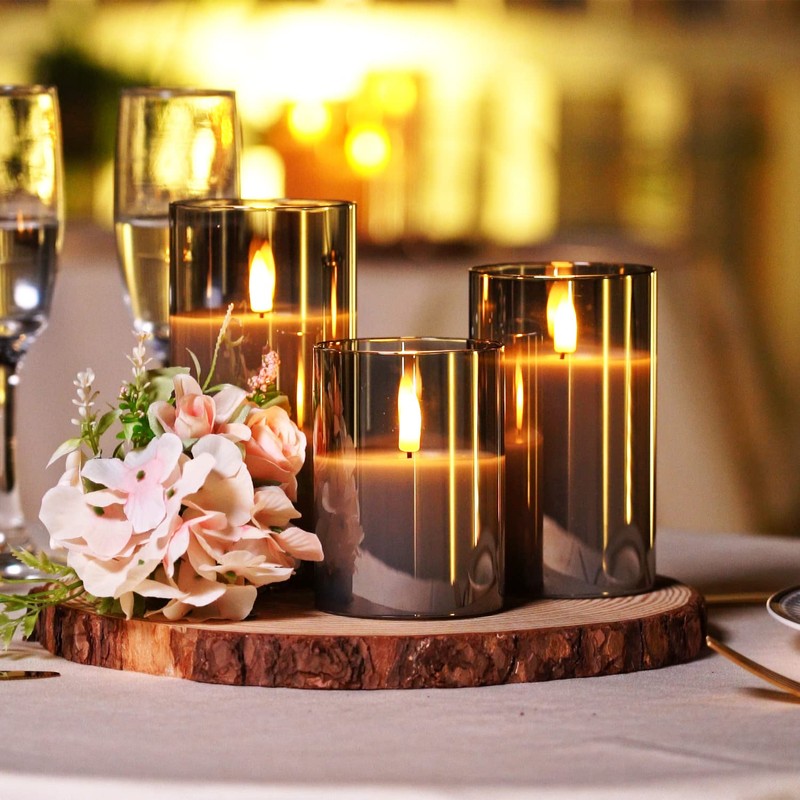 Homemory Grey Glass Flameless Candles, Battery Operated LED Pillar Candles