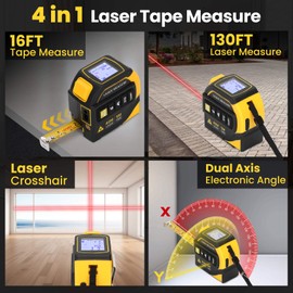 Edovaf 4 in 1 Laser Tape Measure with Level and Crosshairs, Almighty Tools Tape Measure with LCD Display, 16FT AutoLock Ruler, 130FT Laser Measure for Area, Volume, Pythagorean, Cosine