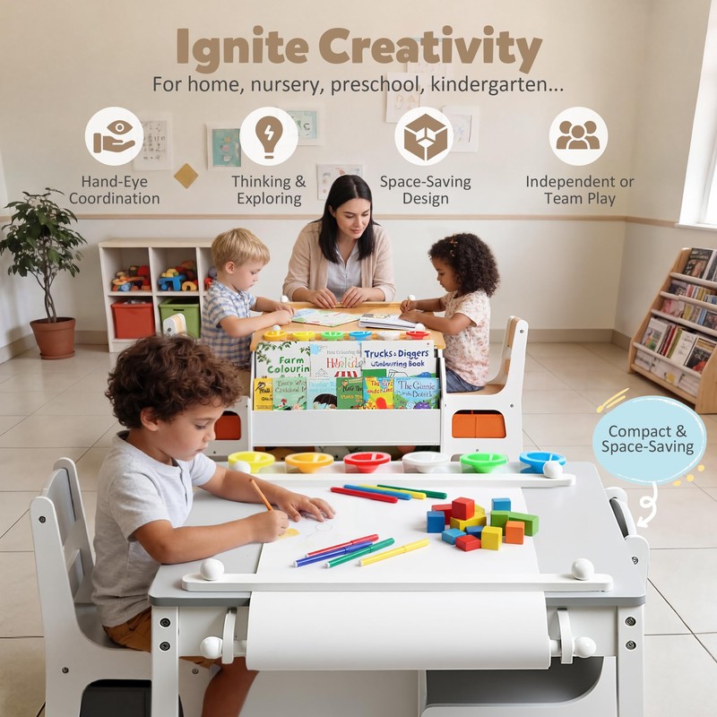 TODEFULL Kids Table and 2 Chairs Set Large Storage, Kids