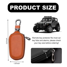 Wevdn Car Key Case, Genuine Leather Auto Smart Key Fob Holder with Metal Hook, Anti Scratch Automotive Key Protector Key Chain Zipper Bag for Remote Key Fob, Car Accessories (Brown)