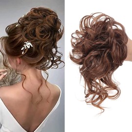 Hairpiece Hair Scrunchie Updo, Messy Hair Bun Hair Piece Curly Wavy Large Hair Bun Synthetic Hair Tousled Updo Hairpieces for Women Girls (30T4 Dark Brown Mix Light Auburn)