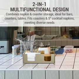 MyGift Disposable Napkin and Drink Coaster Holder, Modern Brass Tone Metal Bar Countertop or Coffee Table Guest Tray Fits Round/Square Coasters & 5'' Napkins