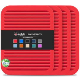 Joyhalo 4 Pack Trivets for Hot Dishes - Hot Pads for Kitchen 9'' x 12'', Silicone Trivets for Hot Pots and Pans, Hot Plates to Protect Table, Quartz Countertops Heat Resistance to 480°F, Red