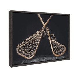DesignOvation Sylvie Vintage Lacrosse Sticks Framed Canvas By Shawn St. Peter, 18x24 Dark Grey, Transitional Sports Wall Decor For Office, Bedroom, Or Living Room
