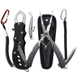 D.B.J Fish Grip & Fish Pliers Set of 2 Fish Catcher Fishing Pliers Fishing Tackle Fishing Catcher Long Measure Stainless Steel Rust Resistant Spiral Cord with Carabiner Multifunction One Hand Operation, Measuring Function, Includes 1 Fishing Lure