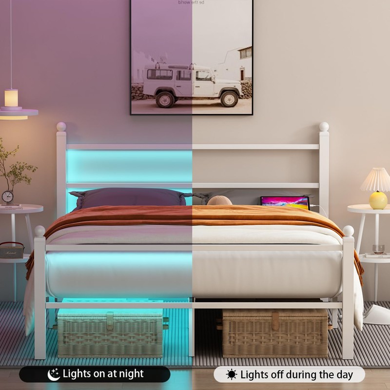 Gohapnis Full Size Bed Frame with Headboard and Footboard,White Metal