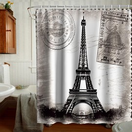 French Paris Eiffel Tower City of Love Black White Theme Cloth Fabric Shower Curtain Sets Bathroom & Toilet Decor with Hooks Waterproof Washable 72 x 72 inches Long
