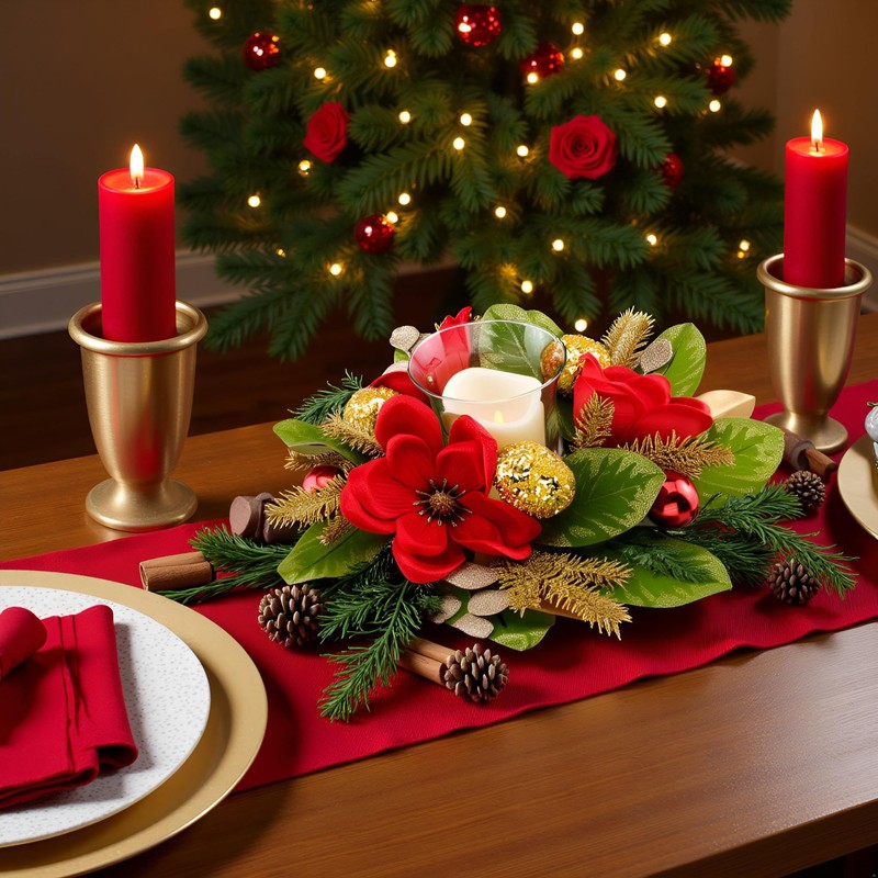 YULETIME 18-in Centerpiece with Flameless LED Candle Holder, Red Magnolia