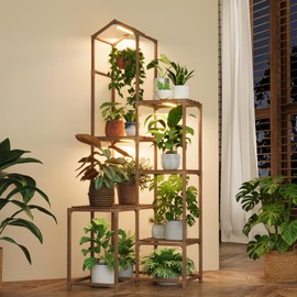 Bamworld Roof-Shaped Plant Stand with Grow Lights for Haning Planter Corner Plant Shelves for Multiple Plants Display Living Room Pation Garden Decor