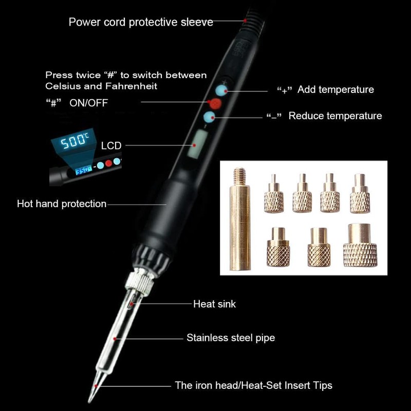 60W Digital Soldering Iron Kit with Threaded Insert Tips and