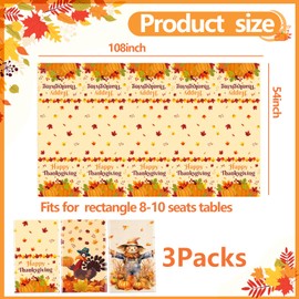 CUUSNNY 3 Packs Fall Plastic Tablecloth,Thanksgiving Disposable Tablecloths,54 x 108 Inch Rectangle Pumpkin Thanksgiving Table Cloth for Harvest Table Decorations Party Supplies