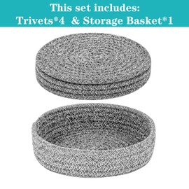 Trivets for Hot Dishes, Trivets for Hot Pots and Pans, Hot Pads for Countertops, Coasters 4 Pcs and Storage Basket 1 Pack, Pot Holders for Kitchen, Cotton Hot Mats Cooking Pad Protect Table (D Grey)