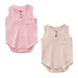 Yanmucy Baby Girls Cotton Rompers Newborn Soft Sleeveless Bodysuit Summer Baby Boy Jumpsuit Overall Outfits 0-18 Months （Pack of 2 (beige+pink, 12-18 Months)