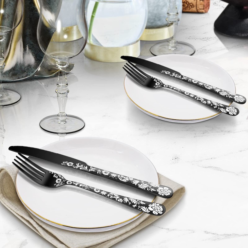 48-Piece Black Silverware Set with Steak Knife, Black Flatware Sets