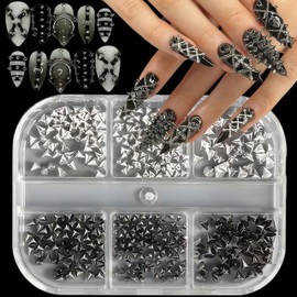 2Boxes 12Grids Mini Punk Nail Studs Square Cone Spike Spire Alloy Rivets Black Silver Alloy Rivet Nail Rhinestones Flat Back Gothic Metal Nail Gems Decorations for Women Acrylic Nails DIY Crafts