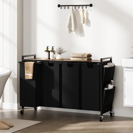 WOWLIVE 4-Compartment Laundry Hamper with Lid,Rolling Laundry Basket Organizer with Wheels, Iron-Made Laundry Sorter with Top Shelf and 4 Removable Bags,Large Clothes Storage for Room,Black