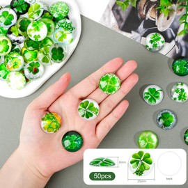 I LOVE MOM Pack of 50 Four Leaves Clover Flatback Glass Cabochons Four Leaves Clover Lucky Charm Tea Stones Glass Charm for Craftsmen DIY Jewellery Making Decorations (25 mm)