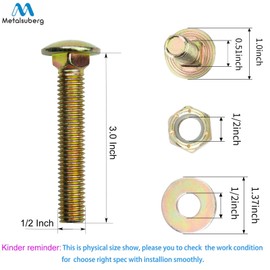1/2" x 3" Carriage Bolt of Square Neck with Nylon Lock nut and Large Size Washer Assortment Kit by Color Galvanization,Carbon Steel,Grade 2.(8pcs Pack) by Metalsuberg