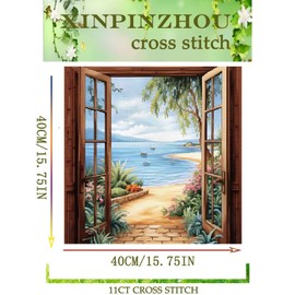 Xinpinzhou Door Landscape 11ct Cross Stitch, 11 Count Counted Stamped Pre Printed Cross Stitch Embroidery Kits for Adults Beginners Starter Advanced Easy Crossstitch Patterns Set Wall Decor 40x40 CM