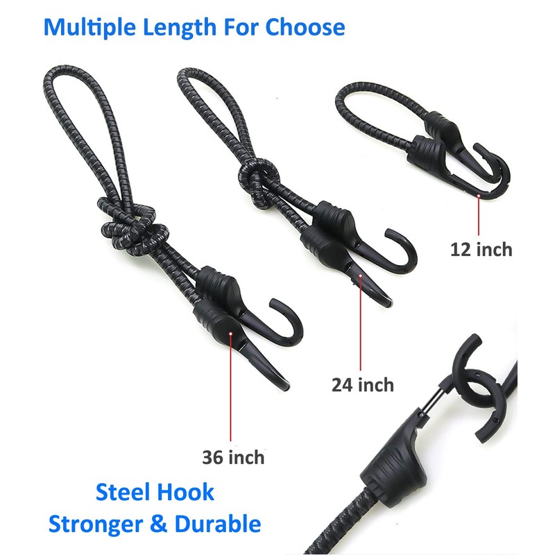 12 Inch Bungee Cord with Dual Hooks, Heavy Duty Outdoor