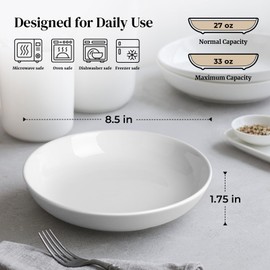 DOWAN 8.5" Pasta Bowls, 32oz Salad Bowls Set of 6, Natural White Ceramic Serving Bowls, Porcelain Plate Bowl Serving Dish Shallow Bowls Set for Kitchen, Microwave Dishwasher Safe