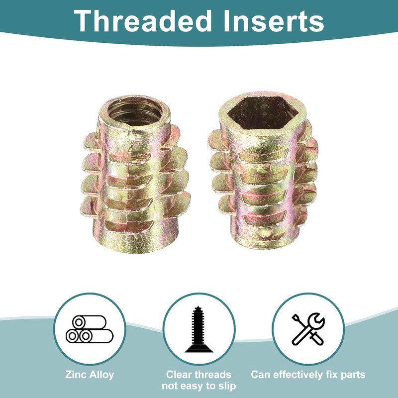 sourcing map 40Pcs Hex Threaded Inserts, M6-1x15 Zinc Alloy Hex-Flush