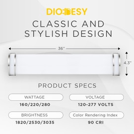 Diodesy 36-Inch LED Bathroom Vanity Light, 3 Color Adjustable 3000K/4000K/5000K, Dimmable Vanity Light Fixture LED, Brushed Nickel Finish, 25W(150W Replacement), 3036 Lm, 120V, Energy Star & UL Listed