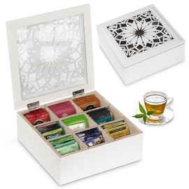 handrong Tea Box Tea Bag Organizer Wooden Tea Bag Holder Modern Tea Chest with 9 Compartments and Glass Cover for Home Tea Parties and Gift