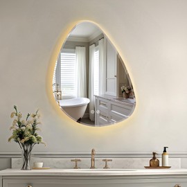 USHOWER LED Bathroom Mirror, 26"x32" Irregular Vanity Mirror with Lights for Bathroom, Backlit, Wall Mounted, Anti-Fog, 3 Colors and Dimmable Light, Horizontal/Vertical, Decorative for Bathroom