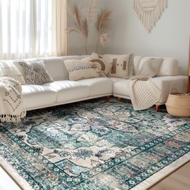 BESTSWEETIE 9x12 Area Rug Washable Rugs for Living Room, No Pile Boho Carpet for Entryway Bedroom Dinning Room, Vintage Carpet Print Distressed Non-Slip, 9 x 12 ft, Green