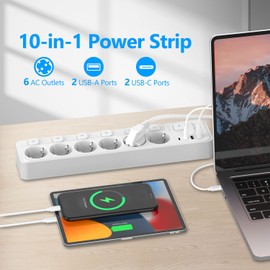 JSVER Steckdosenleiste 6 Fach mit Individuellem Schalter, JSVER 10 IN 1 Mehrfachsteckdose mit 4 USB(2 A und 2 C,17W) Steckdosenleiste mit USB Verteilersteckdose mit 2M f1r Smartphones, Laptop -Wei?