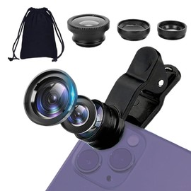 fKiZanthene 3-in-1 Macro Lens for Phone, Universal Fisheye Lens & Macro Lens, Compatible with Alomst Any Smartphones, Easy Clip-On Installation Includes A Small Storage Bag (Black)