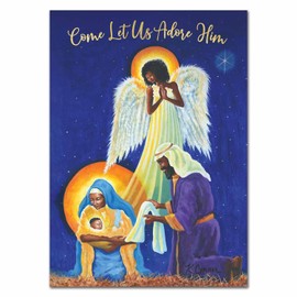 African American Expressions - Embossed Christmas Cards Boxed Set - Christian Seasonal Designs - Set of 15 (5x7) Cards with Foil-Lined Envelopes & Gold Sticker Seals - Angel Nativity