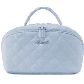 LOVEVOOK Travel Makeup Bag for Women 2Pcs Set, Puffer Waterproof Cosmetic Organizer, Large Capacity Pouch Open Flat Toiletry Bag with Divider & Handle, Portable Gift for Her, Blue