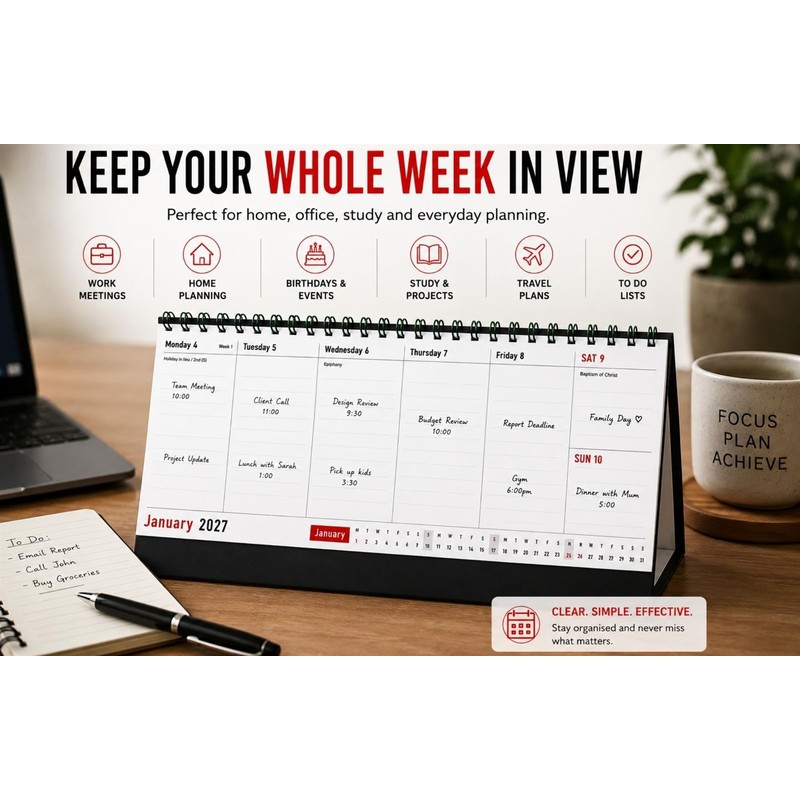 2027 Desktop Weekly Planner Calendar - Week To View Freestanding