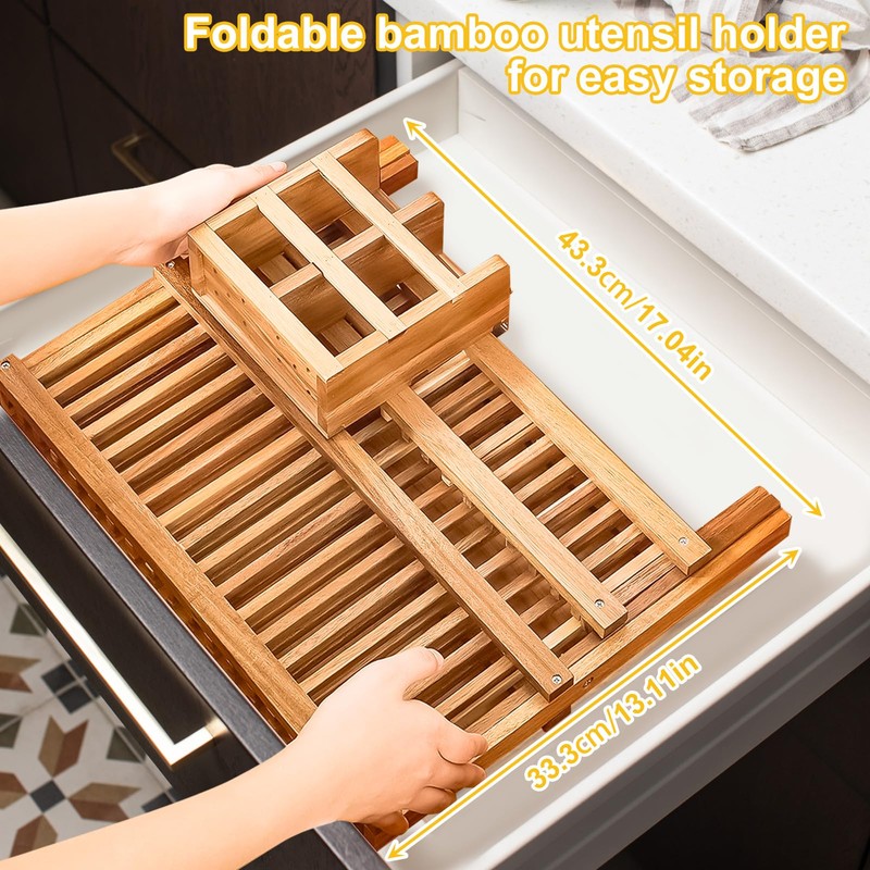 Tefola Bamboo Dish Drying Rack, 2-Tier Foldable Design with Utensil