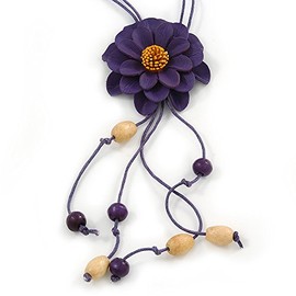 Avalaya Purple Leather Daisy Pendant with Long Cotton Cord/ 80cm L/Adjustable