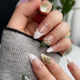 White French Tip Press on Nails Medium Almond Fake Nails Green Flower False Nails with 3D Ripple Design Glue on Nails Pearl Full Cover Stick on Nails Nude Acrylic Nails for Women Manicure 24Pcs