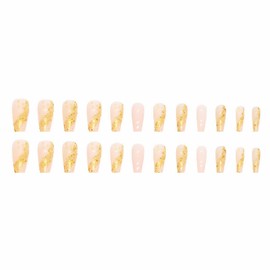 MISUD Press on Nails - Long Coffin Glue on Nails with Bling Gold Glitter, Acrylic Nude Pink Design 24 pcs